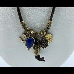 Lucky Brand leather Buddha lapis necklace goldtone